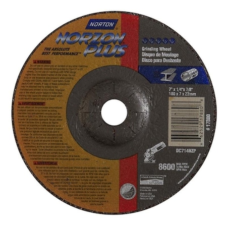 Norton Co Grinding Wheel, Depressed Center, Type 27 - Metal - NorZon Plus, 7 x 1/4 x 7/8, Max RPM: 8600 662529-17880